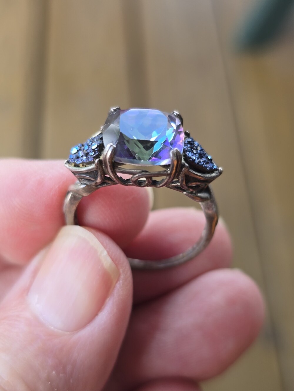 Elegant Silver 925 w/ Blue Topaz Gemstone & Druzy Quartz Ring Size 10